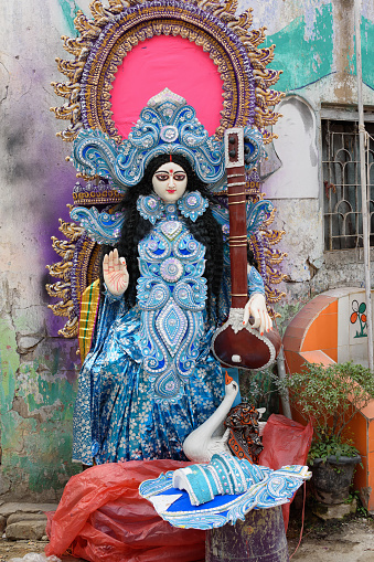 Idol of Goddess Devi Saraswati is in preparation for the upcoming Saraswati Puja at a pottery studio in Kolkata, West Bengal, India on January 24, 2023