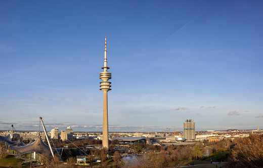 On December 30th 2023, the Munich cityscape looking at the Olympic Tower (Olympiaturm) and the BMW World (BMW Welt)