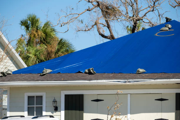 istock Hurricane Ian damaged house rooftop covered with protective plastic tarp against rain water leaking until replacement of asphalt shingles. Aftermath of natural disaster 2010767255