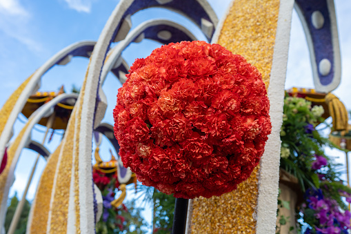 A large ball of red flowers on a float for the Pasadena Rose Parade, with blue sky in the background.