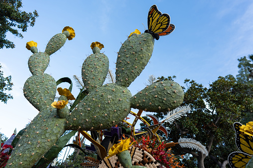 A cactus with butterflies made of flowers for a float in the Pasadena Rose Parade, with blue sky in the background.