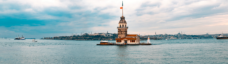 Maiden's Tower in Istanbul, panoramic view. Wide angle. A sunny summer day in Istanbul. Bosphorus Panorama, Turkey.