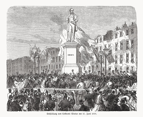Unveiling of the statue of Richard Cobden (1804 - 1865) in the High Street, Camden Town, London, UK, on June 27, 1868. Richard Cobden was an English Radical and Liberal politician, manufacturer, and a campaigner for free trade and peace. He was associated with the Anti-Corn Law League and the Cobden–Chevalier Treaty. Wood engraving, published in 1869.