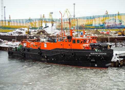 Murmansk, Russia - February 27, 2022: Offshore diving boat \