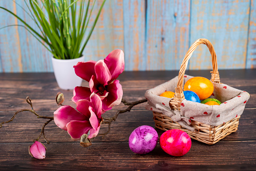 Easter. Basket with painted Easter eggs and chicks