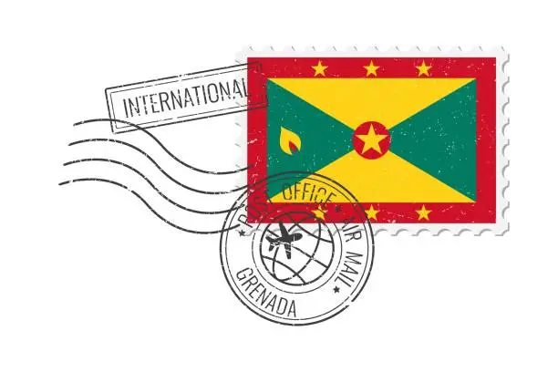 Vector illustration of Grenada grunge postage stamp. Vintage postcard vector illustration with Grenadan national flag isolated on white background. Retro style.
