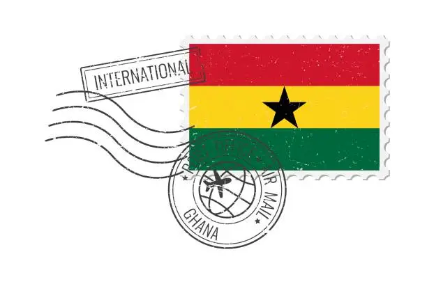 Vector illustration of Ghana grunge postage stamp. Vintage postcard vector illustration with Ghanaian national flag isolated on white background. Retro style.