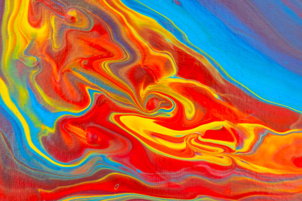 Fluid art painting. Abstract decorative marble texture. Background with liquid acrylic. Mixed paints for poster or wallpaper. Modern art. Psychedelic  colors. Blue, golden, red, yellow,