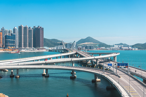 Drone view of Cross Bay Link on Tseung Kwan O, Hong Kong