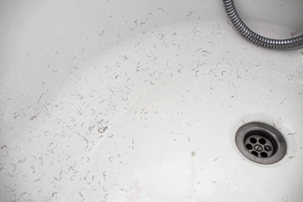 shaved hair from the intimate areas of the pubic area after shaving and depilation remaining on the walls of the bathroom sink, close-up texture - rust covered imagens e fotografias de stock