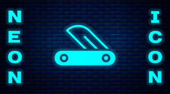 Glowing neon Swiss army knife icon isolated on brick wall background. Multi-tool, multipurpose penknife. Multifunctional tool. Vector.