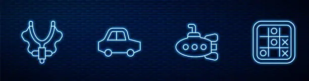 Vector illustration of Set line Submarine toy, Slingshot, Toy car and Tic tac toe game. Glowing neon icon on brick wall. Vector