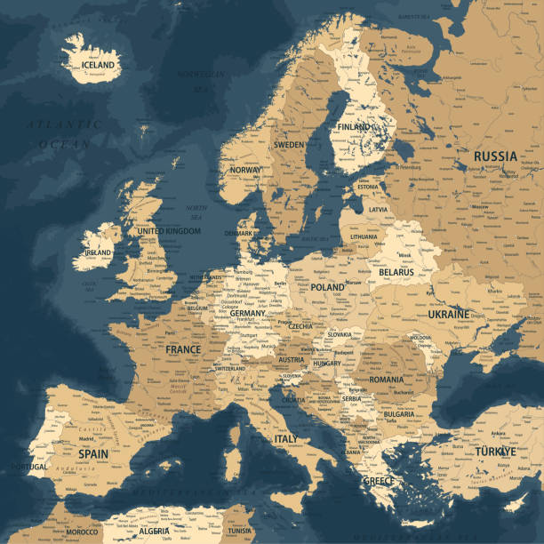 Europe - Highly Detailed Vector Map of the Europe. Ideally for the Print Posters. Dark Blue Golden Beige Retro Style Europe - Highly Detailed Vector Map of the Europe. Ideally for the Print Posters germany map regions stock illustrations