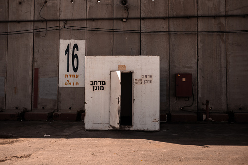 Kerem Shalom, Israel – January 10, 2024: An open bomb shelter door at the Kerem Shalom border crossing, illustrating the security measures in place between Israel and Gaza.