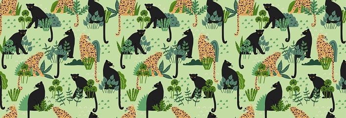 Seamless pattern with bushy green plants, panthers and leopards. Vector illustration in flat style. Design for fabric and more.