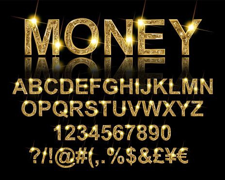 An ornate and elegant vector alphabet. This green and gold font has the stylings of money, stock certificates, and other financial instruments. Gives an expensive look to headline lettering.