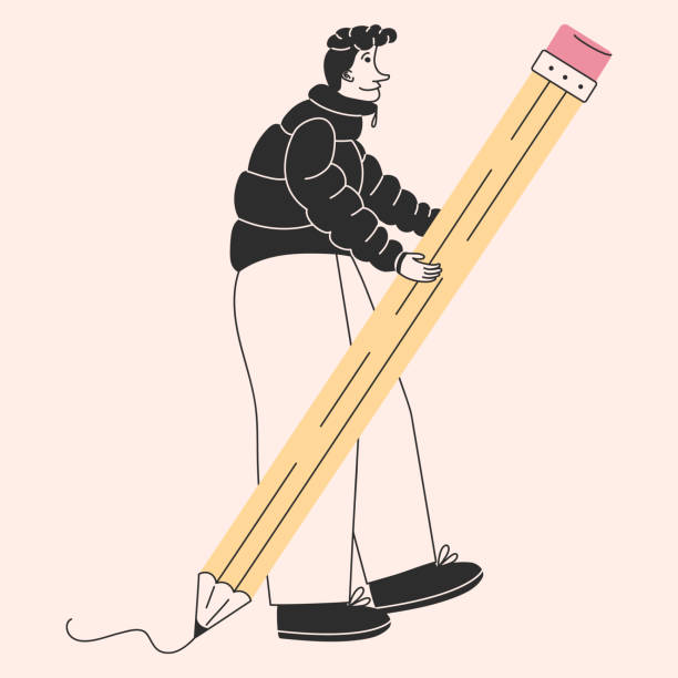 istock Young person holding a large  pencil in cartoon style. 2010898001