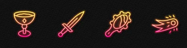 Vector illustration of Set line Magic hand mirror, Medieval goblet, Dagger and Fireball. Glowing neon icon. Vector