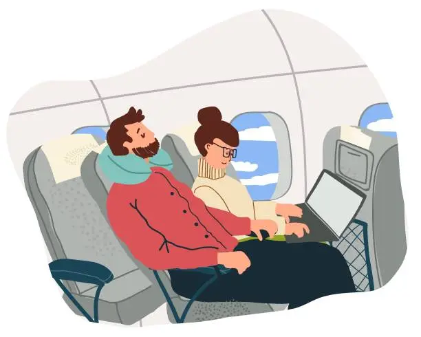 Vector illustration of A happy passenger on an airplane is sleeping, a girl, a woman is working at a laptop, sitting at the airplane window, clouds during the flight. Flat hand drawn vector illustration.