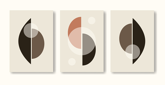 Aesthetic minimalist print with cut elements in modern style. Boho home decor collage of circles in neutral colors. Abstract illustration. Beige background, primitive shapes elements