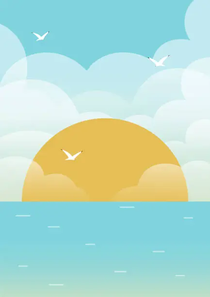 Vector illustration of Sea in the morning and flying birds illustration poster. Childish art with flying seagulls among clouds.