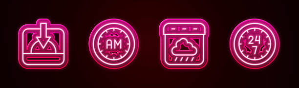 istock Set line Sunset, Morning time, Calendar autumn and Clock 24 hours. Glowing neon icon. Vector 2010954356