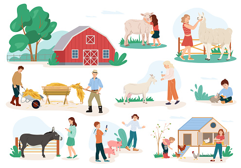 Children visit contact zoo. Girls and boys feeding domestic animals in the farm. Little kids petting llama, rabbits, piglet and feed the poultry. Vector illustration in flat style