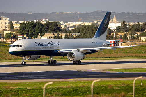 Luqa, Malta - January 16, 2024: Samaritan's Purse Boeing 757-225(PCF) (REG: N783SP) departing after a night stop.