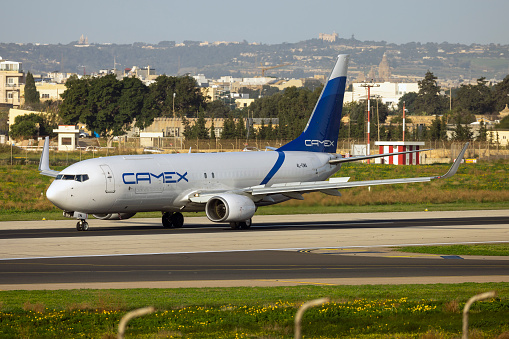Luqa, Malta - February 7, 2024: Camex Airlines Boeing 737-8FE (REG: 4L-CMA) on an early morning departure.