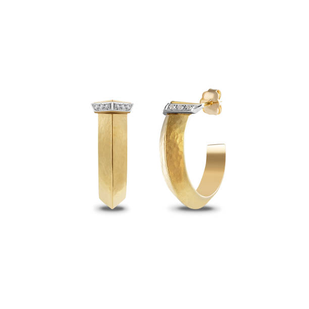 istock Yellow gold gemstone earrings isolated on white. Front side view on luxury earclips. 2011010427