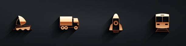 istock Set Yacht sailboat, Delivery cargo truck, Rocket ship and Train and railway icon with long shadow. Vector 2011010976