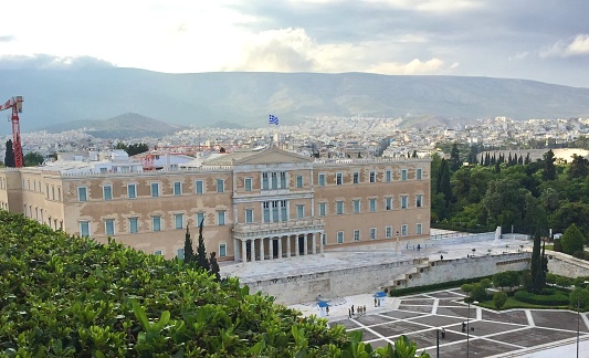 Beginning as early as 507 BC, the Athenians gathered on the Pnyx to host their popular assemblies, thus making the hill one of the earliest and most important sites in the creation of democracy. Athens, Greece, Europe.