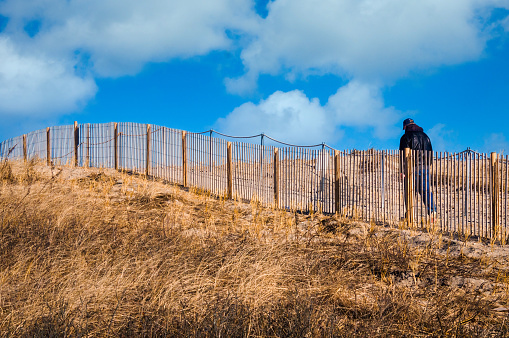 Sandwich, Massachusetts, USA -February 5, 2024- A man crosses a sand dune on Cape Cod using a fence lined trail on a cold, blustery February afternoon.