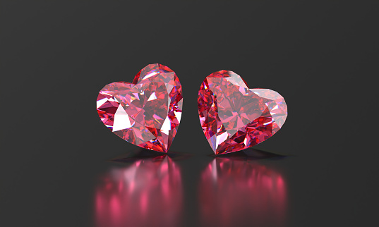 Abstract pink heart shape diamond gem placed on glossy background 3d rendering without AI generated