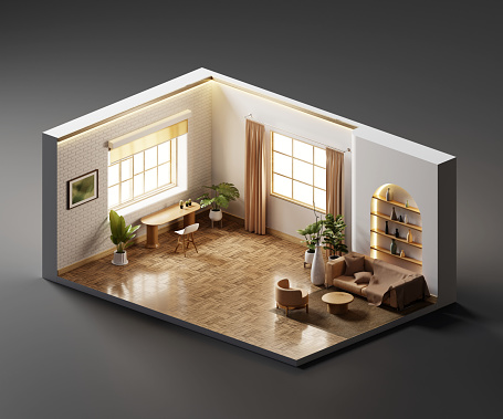 Isometric view living room muji style open inside interior architecture 3d rendering digital art without AI generated