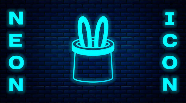 glowing neon magician hat and rabbit ears icon isolated on brick wall background. magic trick. mystery entertainment concept. vector - magic magic trick magician magic wand stock-grafiken, -clipart, -cartoons und -symbole