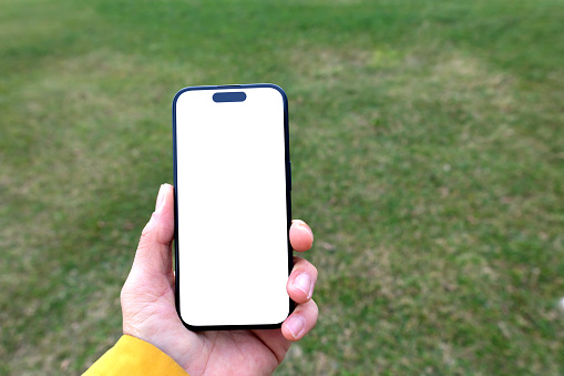 A hand holding black mobile phone with blank desktop screen with green nature background