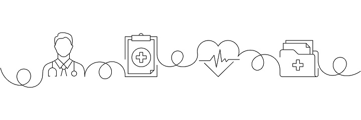 Continuous One Line Drawing Healthcare and Medical Icons Concept. Single Line Vector Illustration. Hospital, Doctor, Patient, Analyzing.