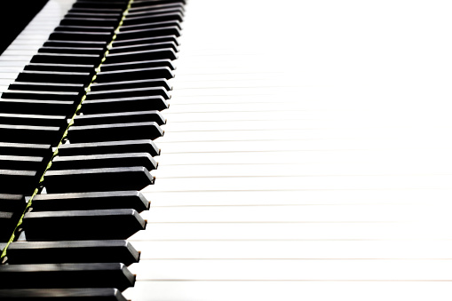Piano keyboard. Grand piano keys closeup. Classical music instrument close up