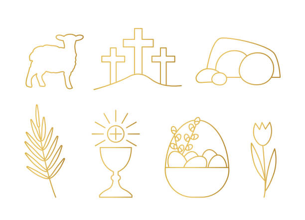 ilustrações de stock, clip art, desenhos animados e ícones de golden set of easter related icons: lamb, palm leaf, mount calvary, jesus tomb, bell, holy communion chalice, basket with eggs and pussy willow twigs, tulip flower - easter egg religion cross spirituality
