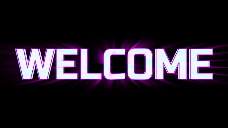 Colorful Welcome glowing, ray lighting neon sign board in retro style on black background