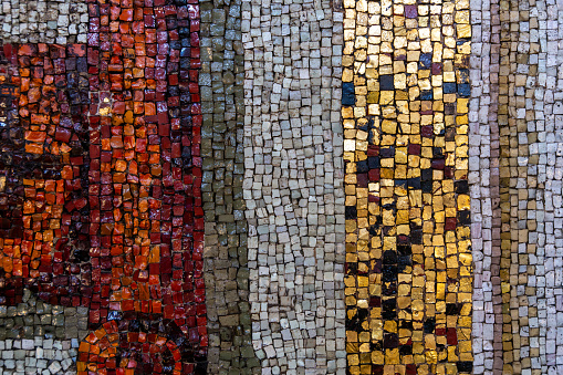 Close-up of a multicolored mosaic showcasing a variety of textures and patterns in its intricate design