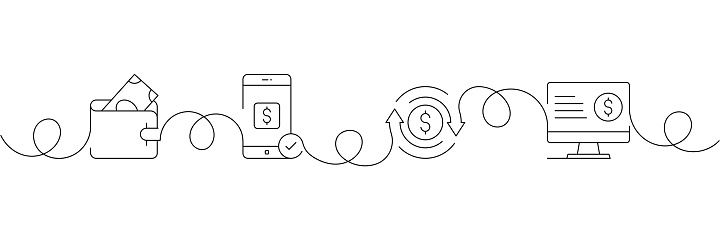 Continuous One Line Drawing Money and Payment Icons Concept. Single Line Vector Illustration. Wallet, Mobile Banking, Money Exchange.