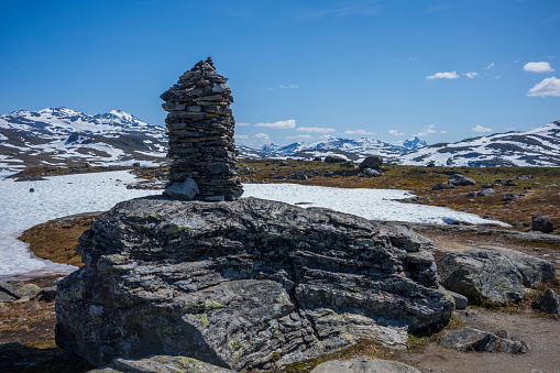 Jotunheimen National Park, Norway, June 25, 2023: The monument where men with horses died by freezing when crossing the moutains in 1862.