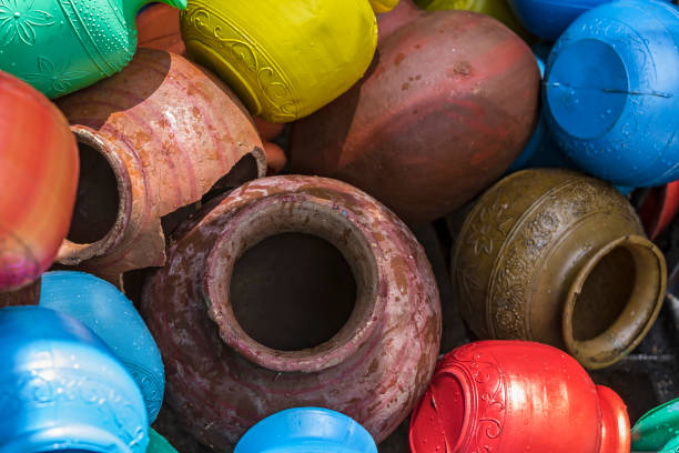 Colorful pots and jags background for traditional Diwali ritual in Sri Lanka