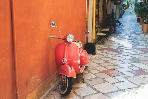 Corfu street view, Kerkyra old town beautiful cityscape, Ionian sea Islands, Greece, a summer sunny day, pedestrian streets with shops and cafes, architecture of historic center, travel to Greece