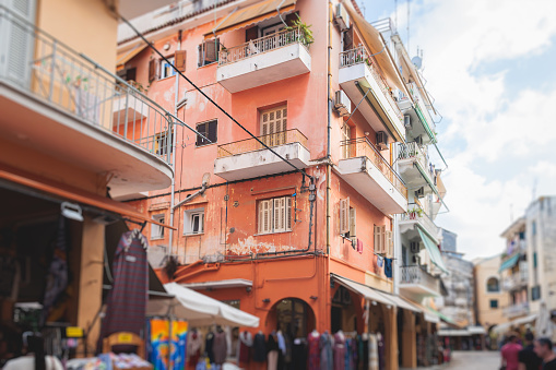 Corfu street view, Kerkyra old town beautiful cityscape, Ionian sea Islands, Greece, a summer sunny day, pedestrian streets with shops and cafes, architecture of historic center, travel to Greece