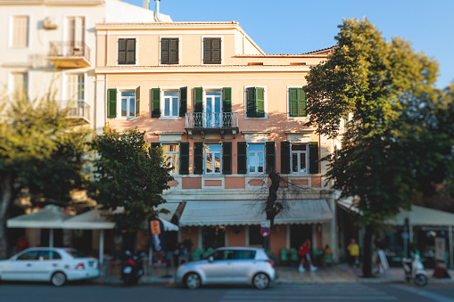 Corfu street view, Kerkyra old town beautiful cityscape, Ionian sea Islands, Greece, a summer sunny day, pedestrian streets with shops and cafes, architecture of historic center, travel to Greece