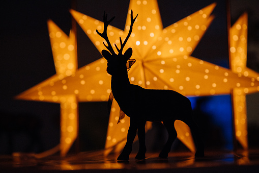 Beautiful reindeer silhouette with bright yellow holiday star in the background - defocused beautiful bokeh