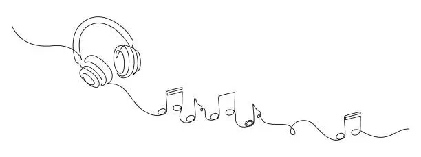 Vector illustration of One continuous line drawing of musical notes and headphones. Minimalistic web banner and modern logo of sound and music school in simple linear style. Editable stroke. Doodle vector illustration